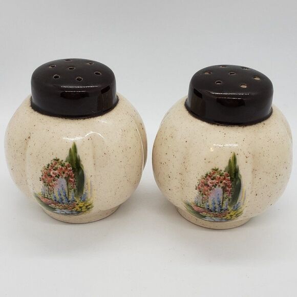 Melon Shaped Beige Brown Speckled Floral Vintage Salt & Pepper Shaker Set - Picture 1 of 9